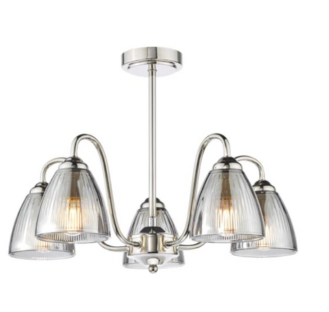5 Light Glynis Semi Flush Polished Nickel and Smoked Ribbed Glass Ceiling Light 