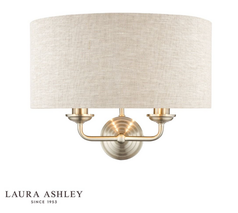 Laura Ashley Sorrento 2lt Wall Light Satin Nickel With Natural Shade
