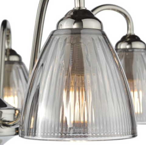 5 Light Glynis Semi Flush Polished Nickel and Smoked Ribbed Glass Ceiling Light