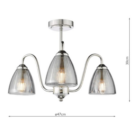 3 Light Glynis Semi Flush Polished Nickel and Smoked Glass Ceiling Light